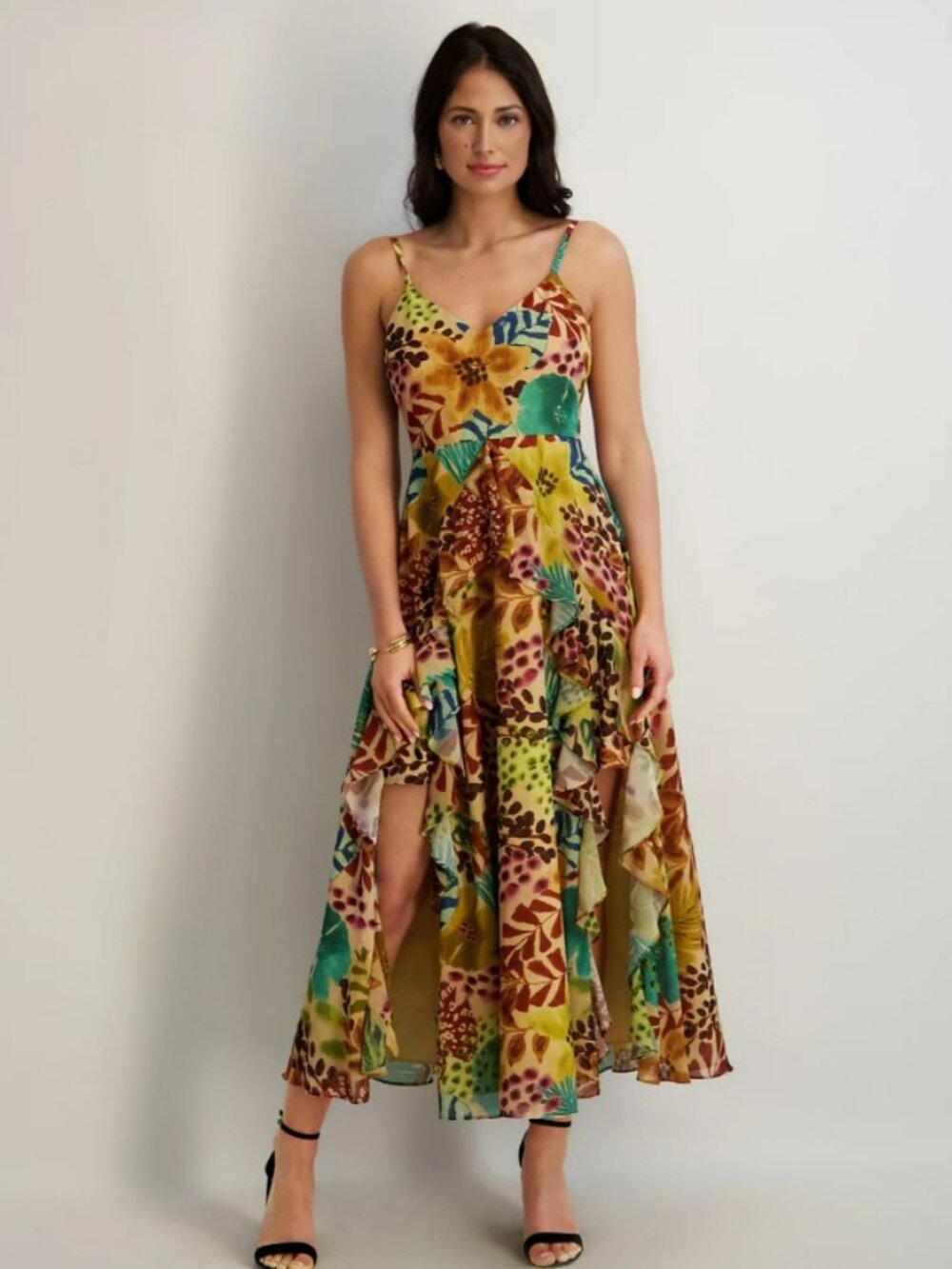 Siena Floral Printed Chiffon V-Neck Ruffle High-Low Maxi Dress